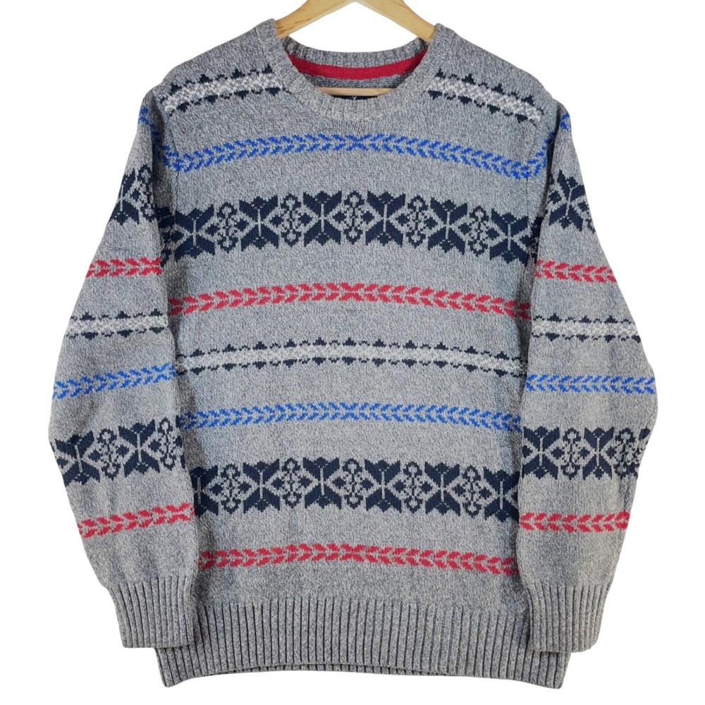 american eagle 2010s fair isle sweater mens XL crewneck gray snowflakes holiday